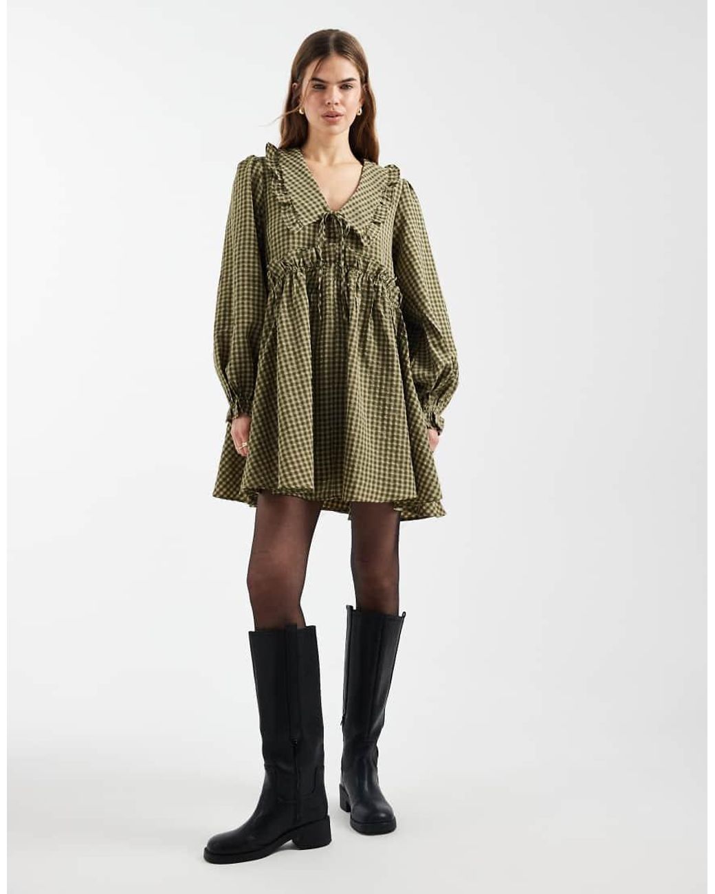 Daisy Street Green Long Sleeve Mini Smock Dress With Ruffles