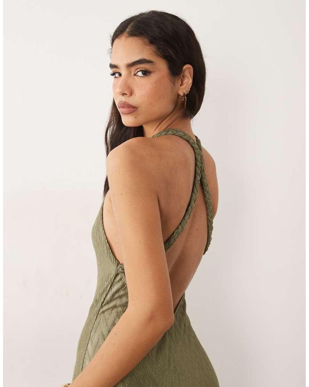 ASOS Green Zigzag Plisse V-neck Maxi Dress With Plait Strap Detail