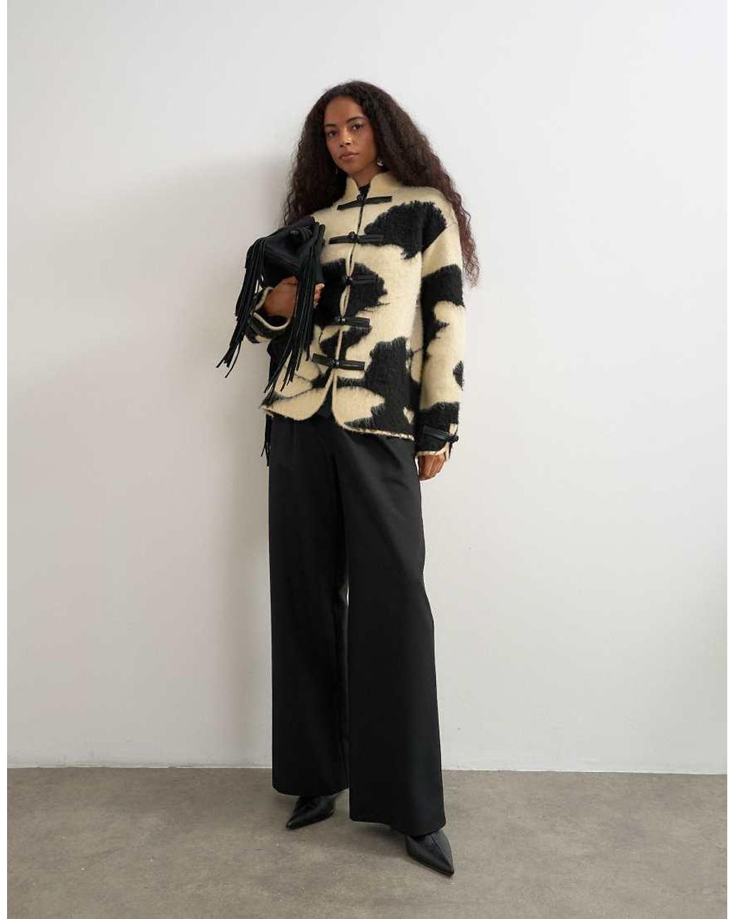 TOPSHOP Natural Knitted Patterned frogging Detail Jacket