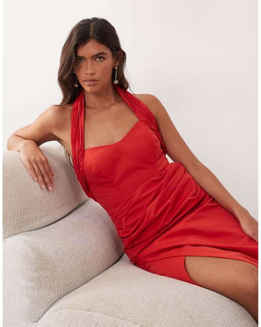 ARRANGE Red Structu Halter Maxi Dress With Train Back