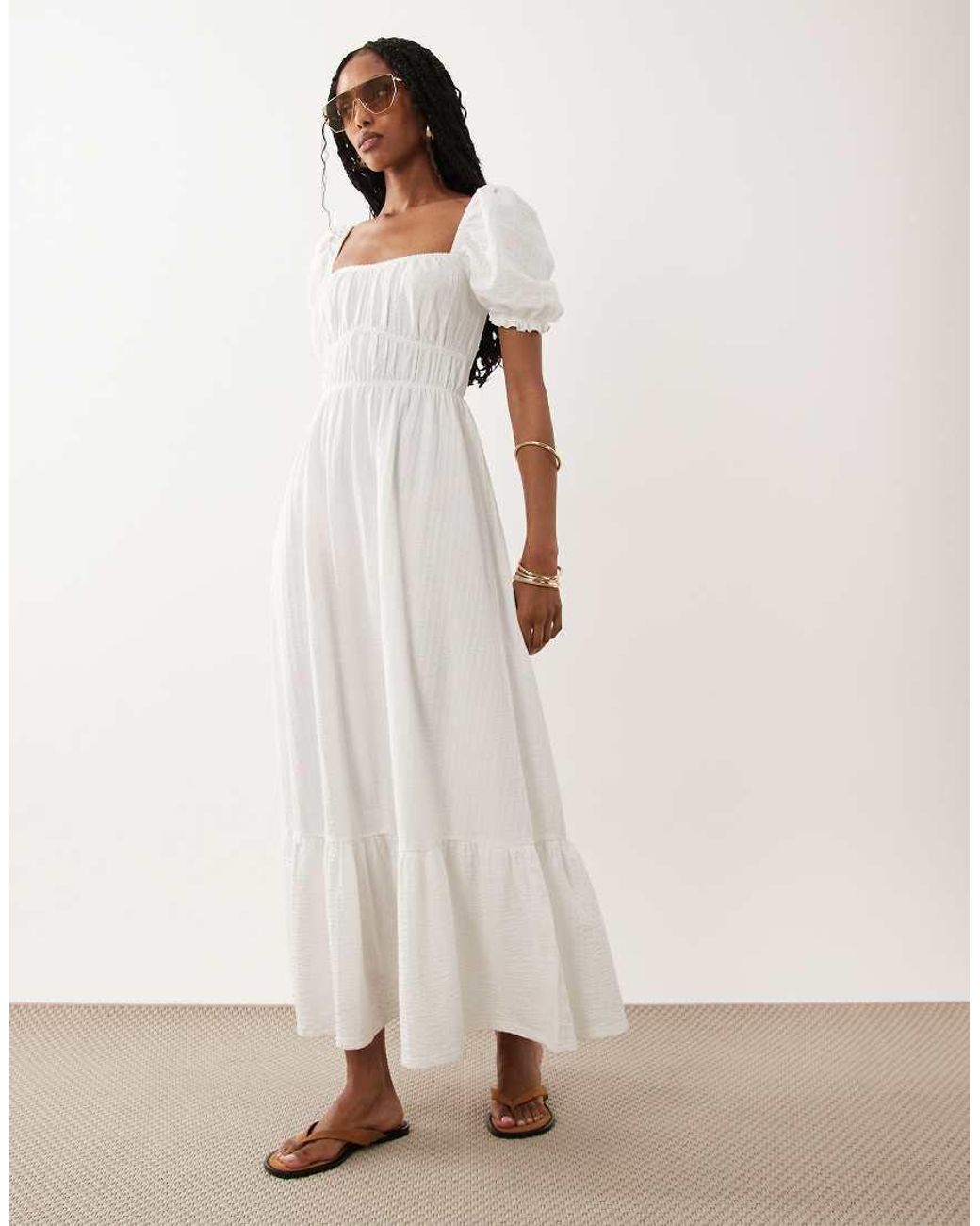 Miss Selfridge Natural Seersucker Puff Sleeve Milkmaid Maxi Dress