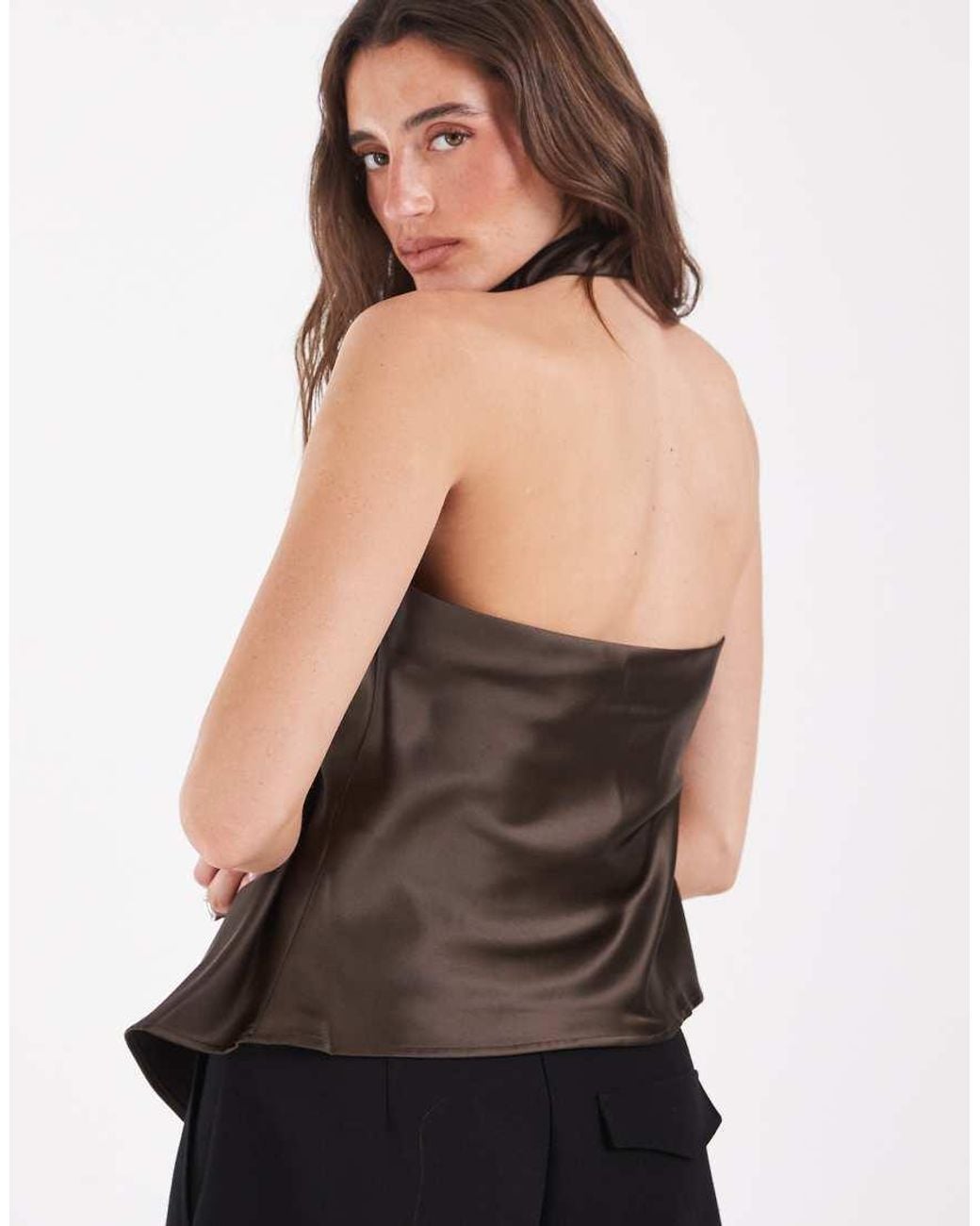 Pieces Black Halter Neck Asymmetric Hem Satin Top Co-ord
