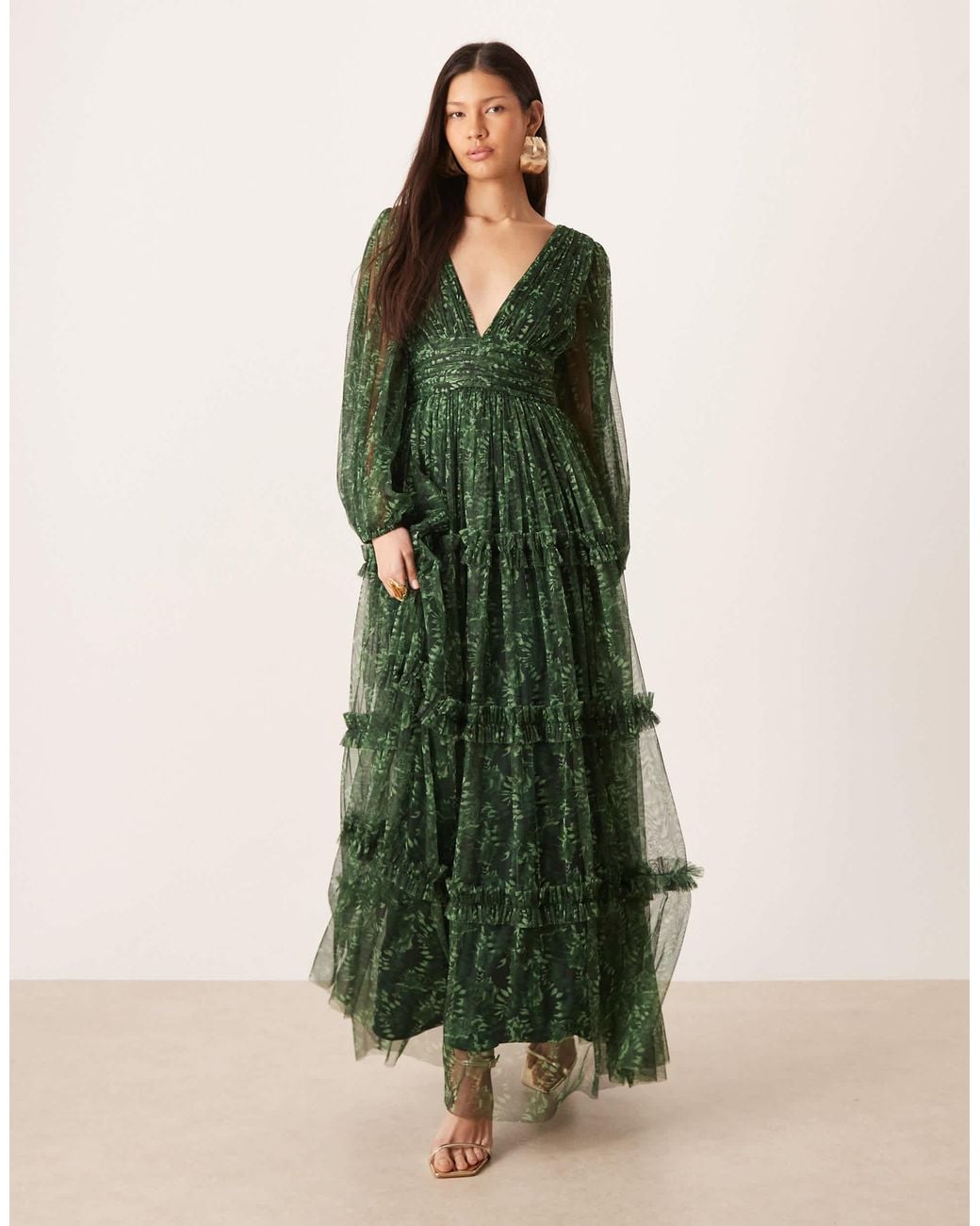 lace and beads green dress & Deep V-neck Sheer Bell Sleeve Maxi in shoulder maxi dress in