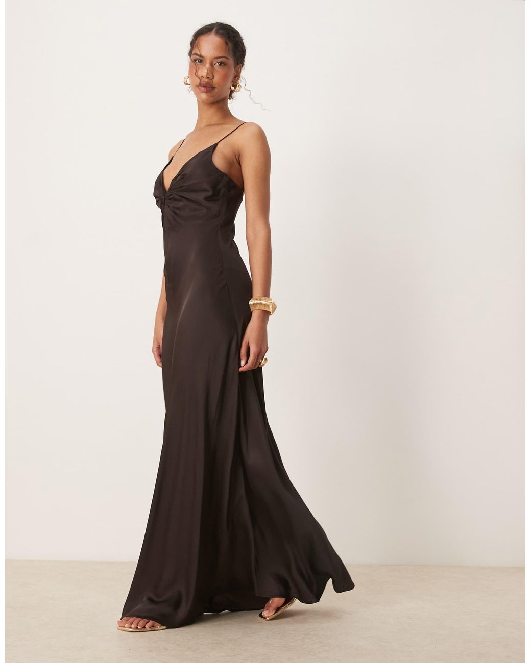 Mango Satin Cami A-Line Maxi Dress With Ruched Bust Detailing in Brown |  Lyst