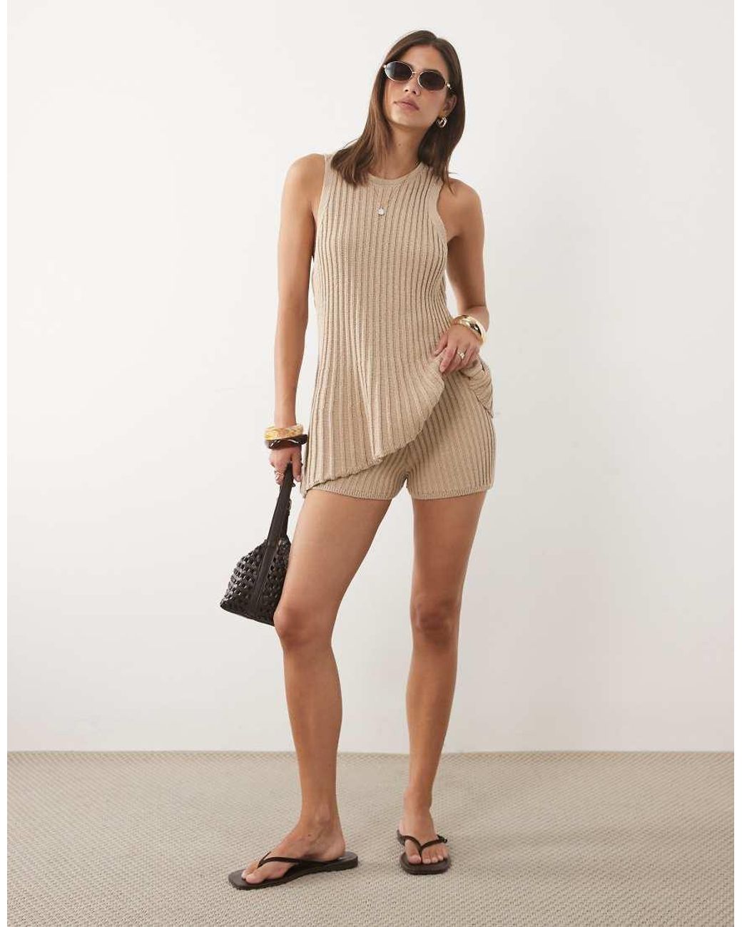 ASOS Natural Knitted Pleated Short Co-Ord