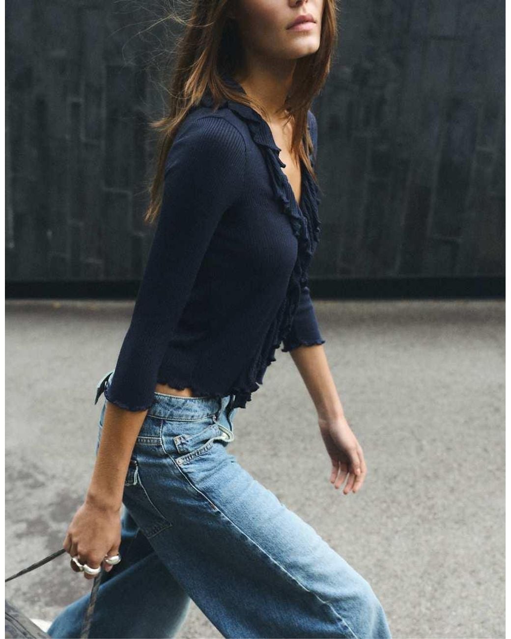 Pull&Bear Gray Long Sleeve Frill Top