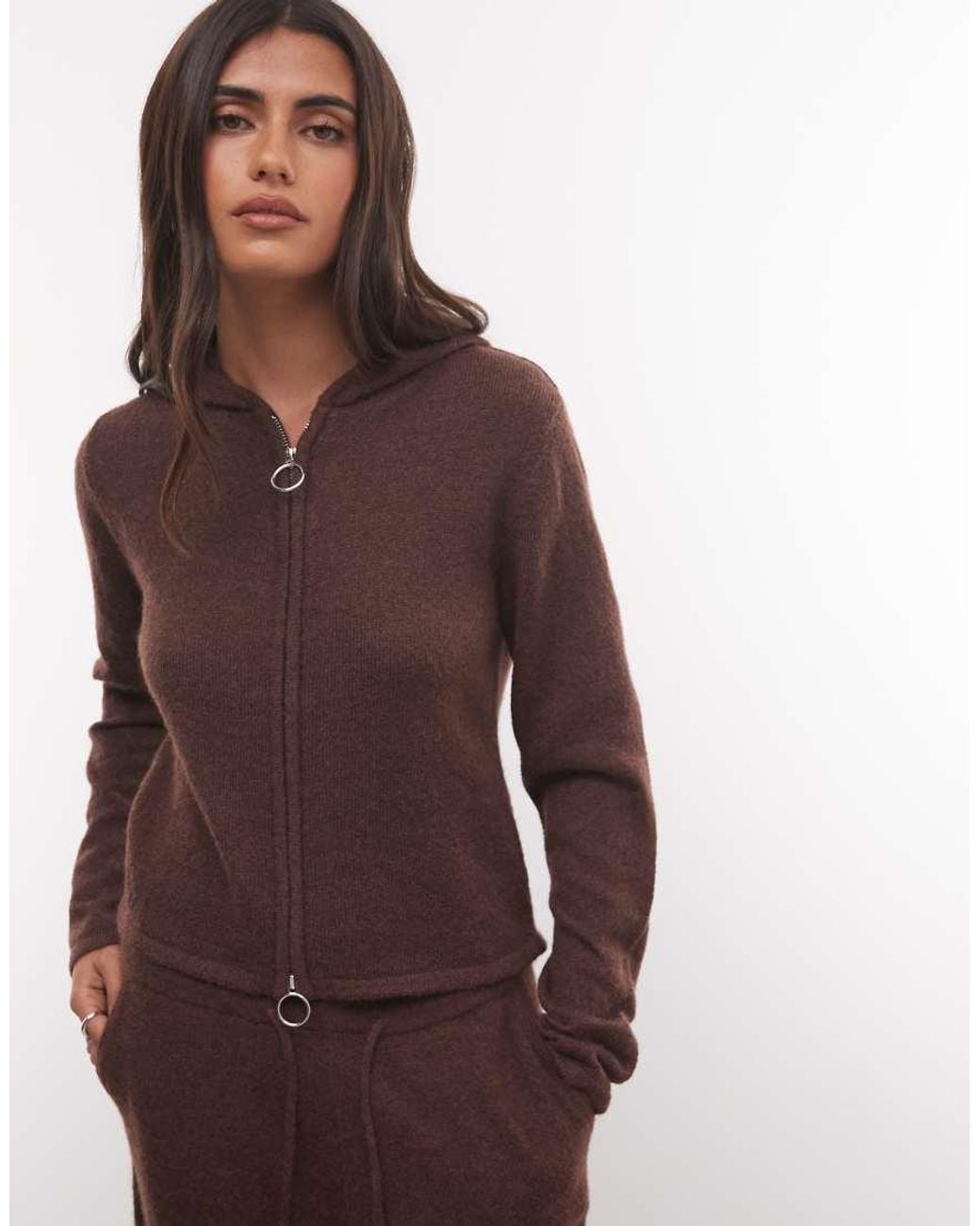 Collusion Brown Knitted Zip Through Fitted Hoodie