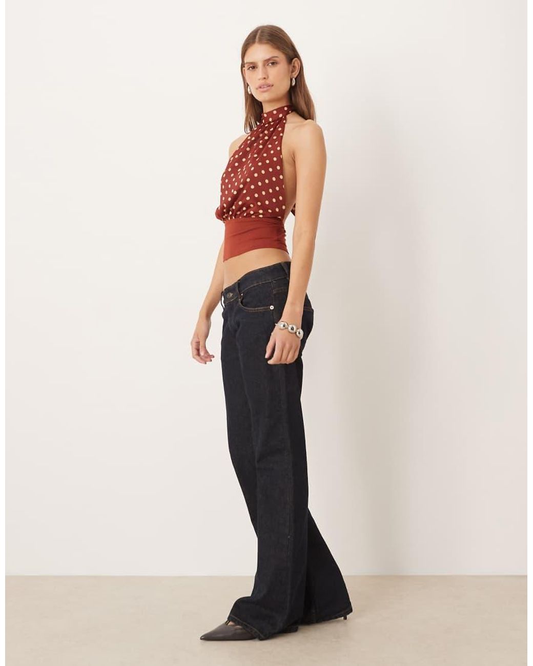 Motel Red Rania Tie Neck Polka Dot Top