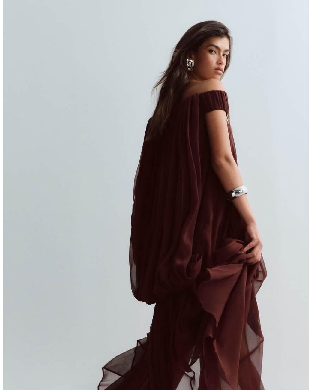 ARRANGE Red Trapeze Bardot Maxi Dress With Cape Back