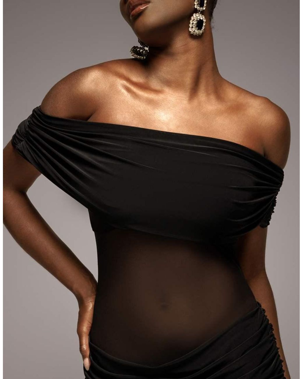 Goddiva Black Gathered Off The Shoulder Mesh Waist Panel Maxi Dress
