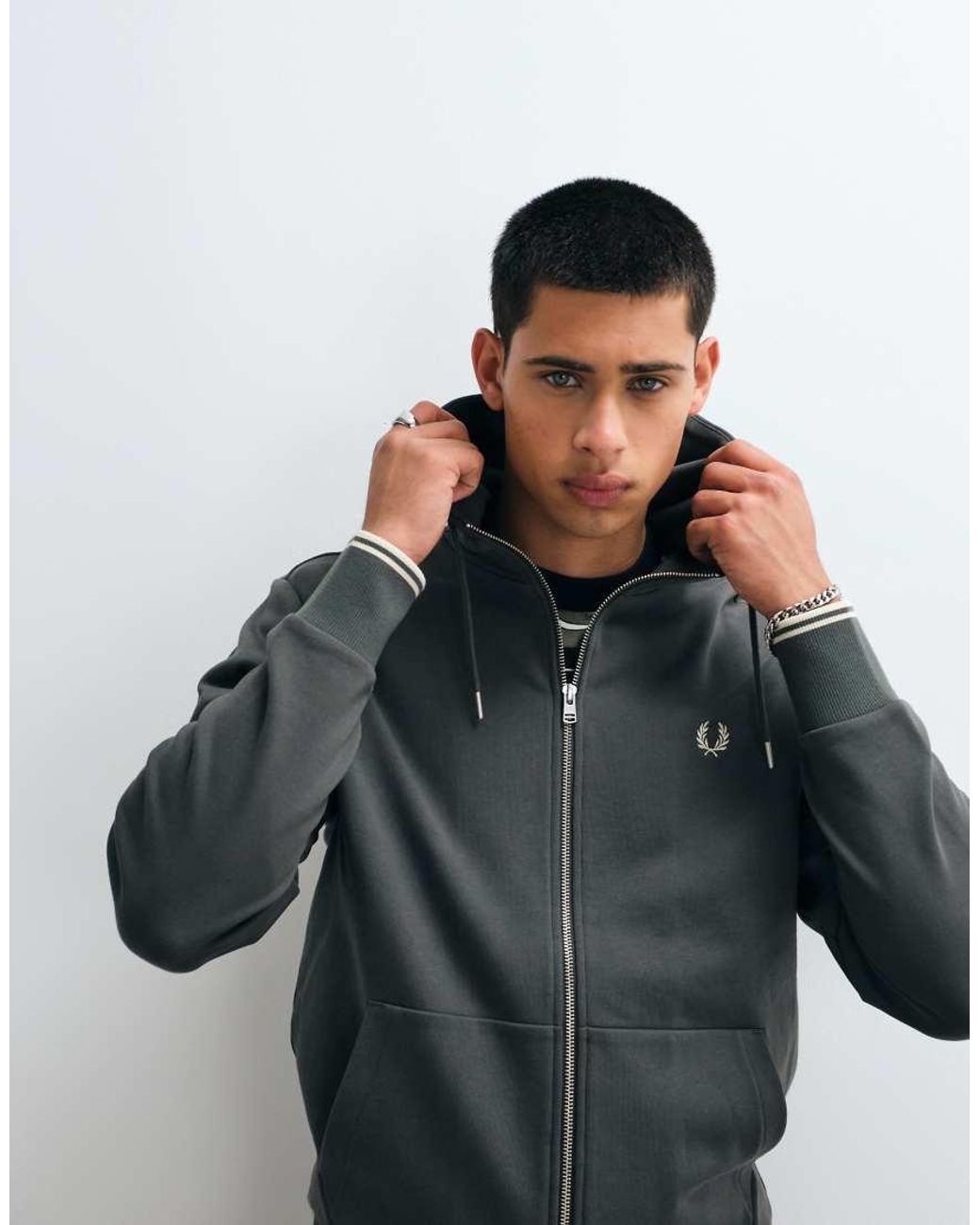 Fred Perry Gray Hooded Zip Through Sweatshirt for men