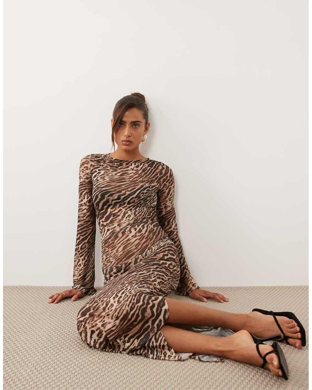 Ruched & Ready Brown Mesh Flared Long Sleeve Maxi Dress