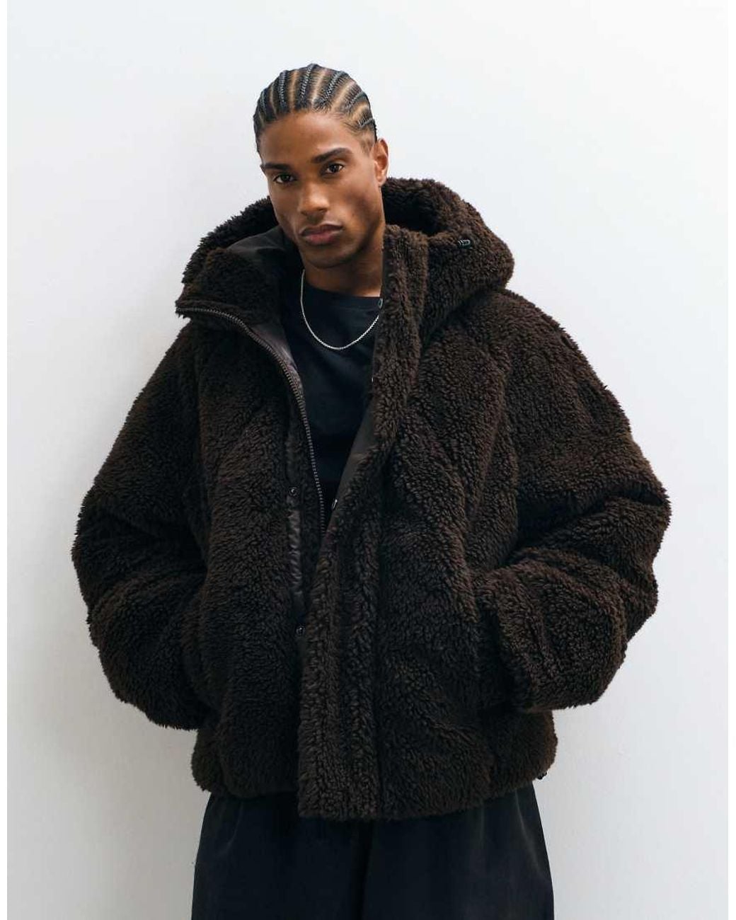 ASOS Black Oversized Faux Fur Hooded Jacket for men