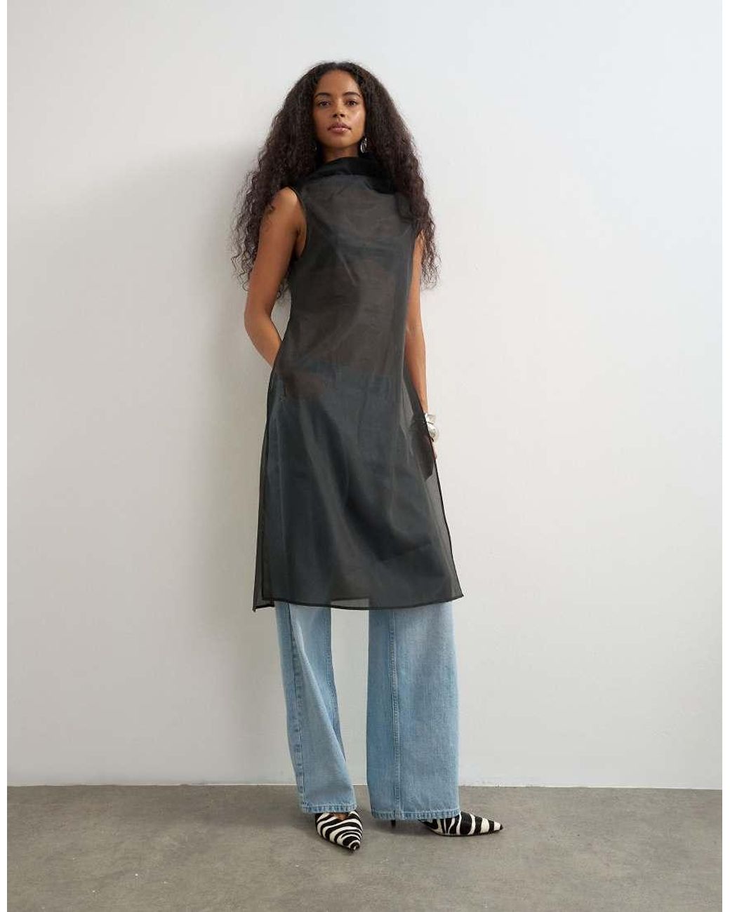 TOPSHOP Black Organza High Neck Side Split Tunic Top