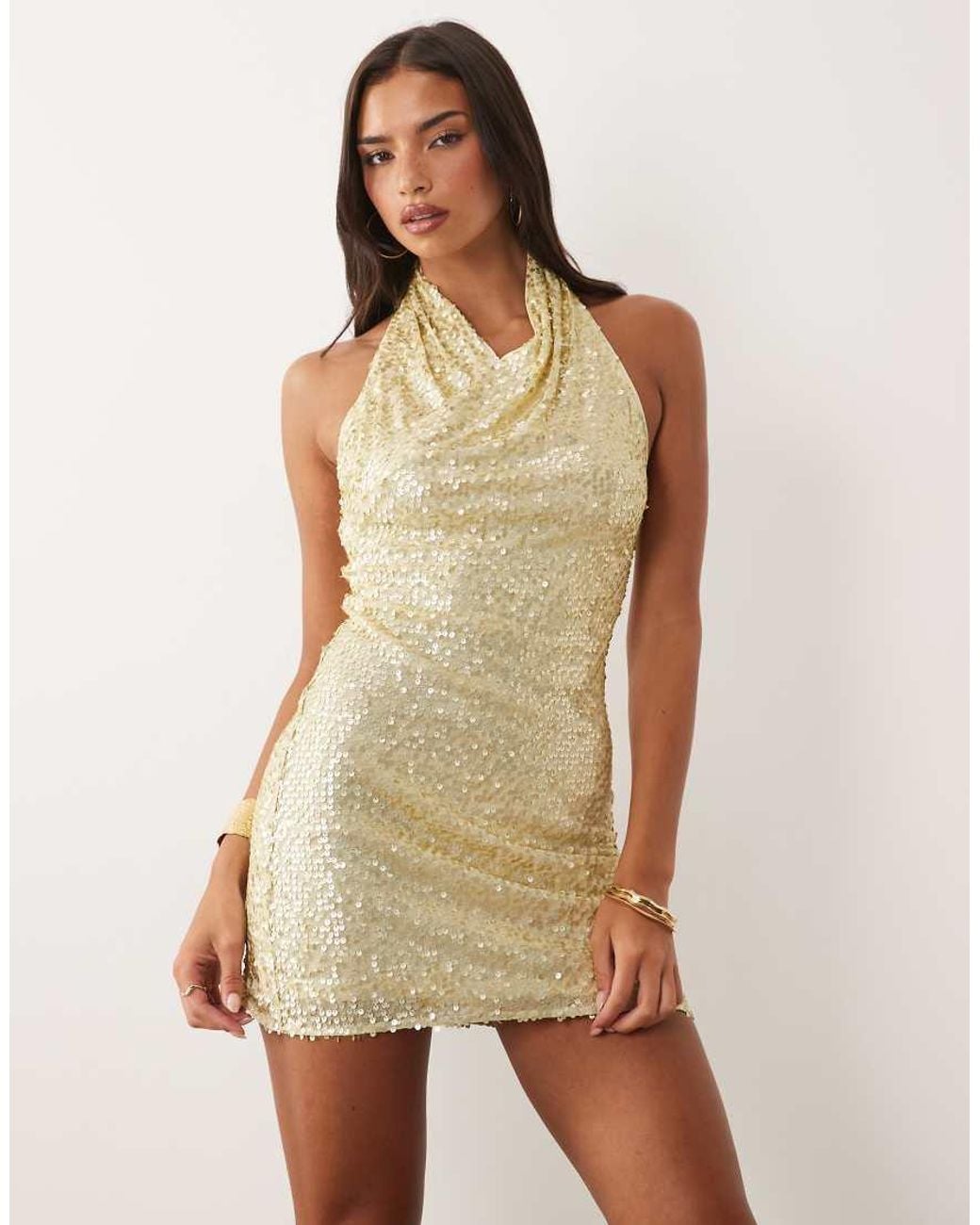 ASOS Natural Sequin Cowl Halter Neck Mini Dress