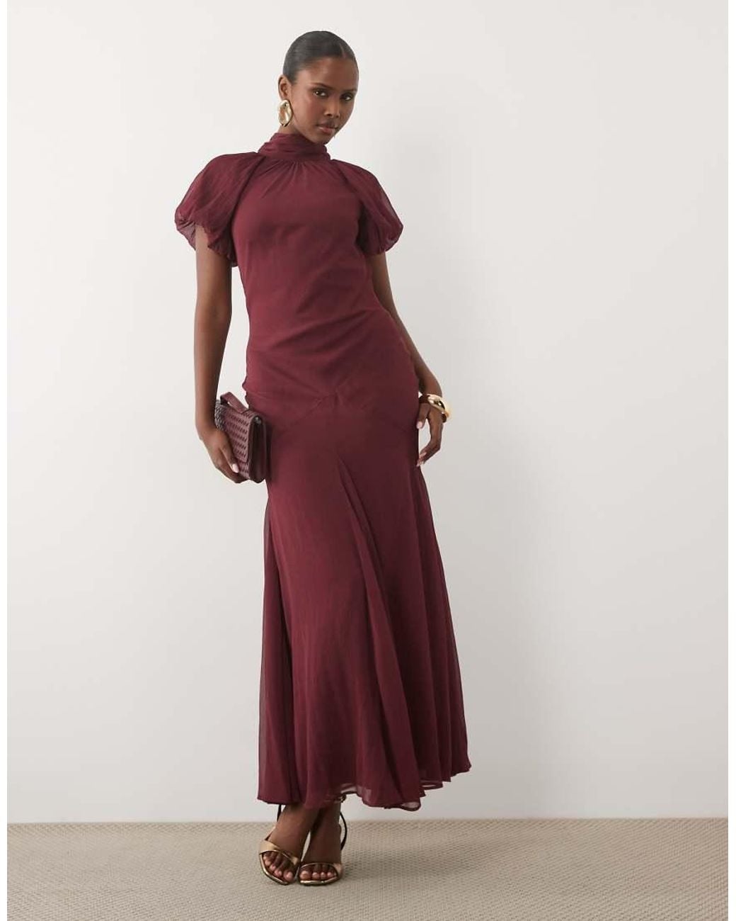 ASOS Purple High Neck Chiffon Maxi Dress With Puff Sleeves