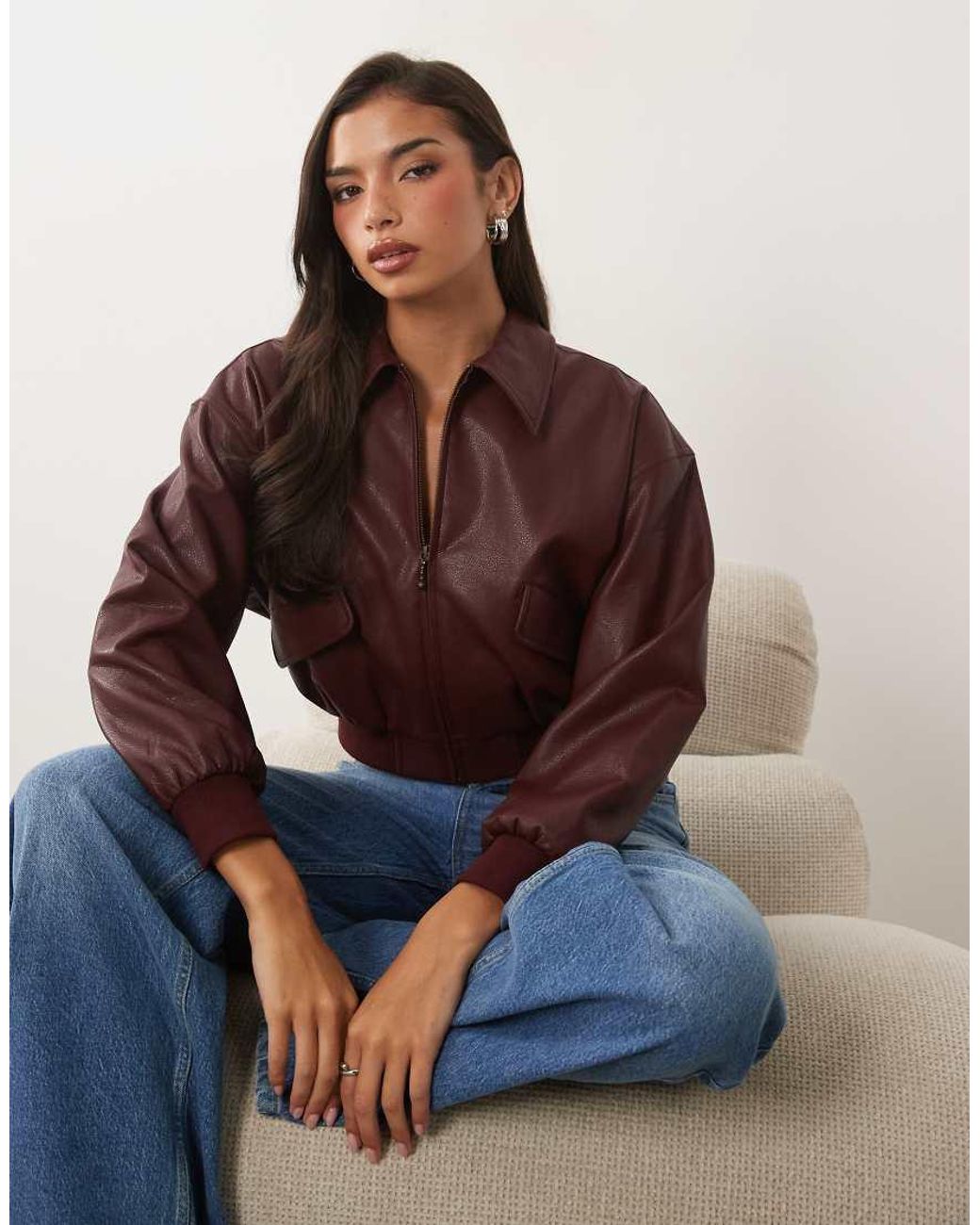 GOOD AMERICAN Brown Faux Leather Cropped Bomber Jacket