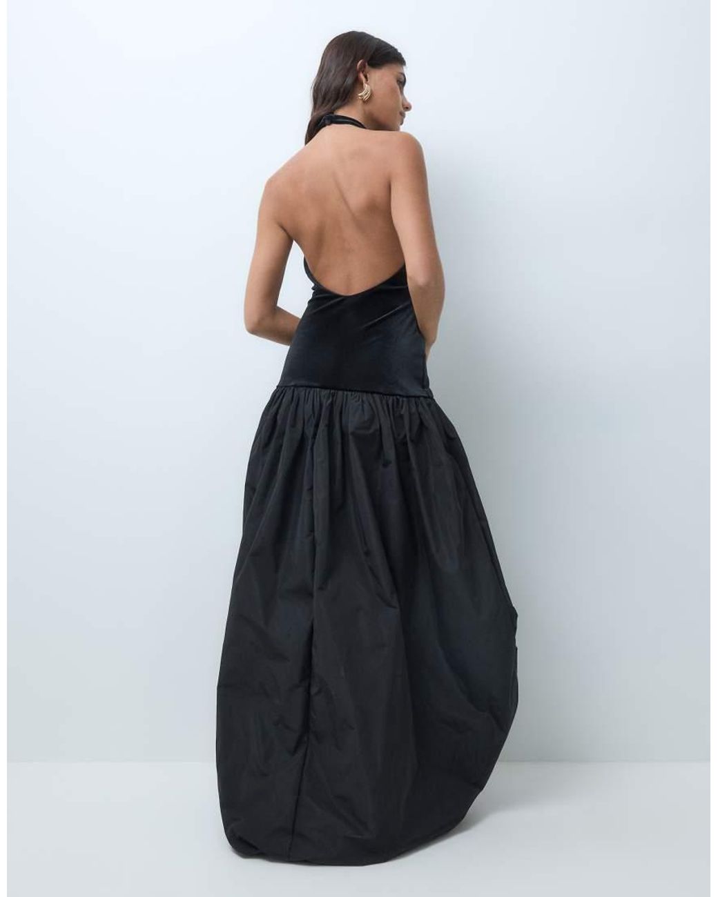 ASOS Blue High Neck Velvet Maxi Dress With High Low Puffball Hem