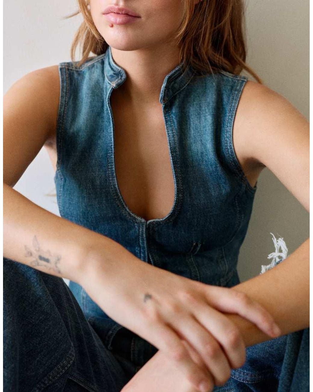 Pull&Bear Blue Seamed Denim Halter Top