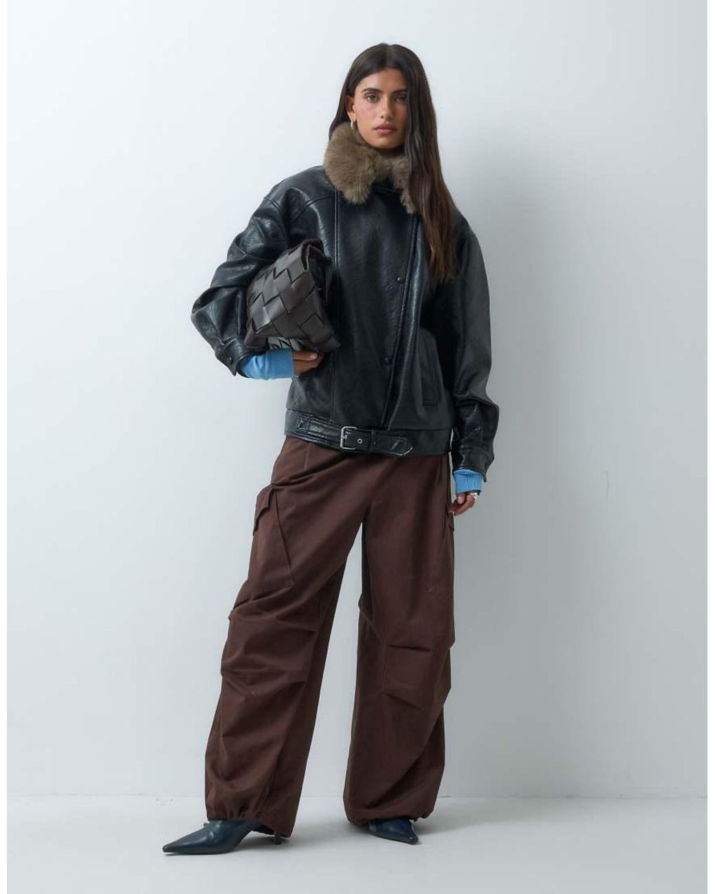 ASOS Blue Leather Look Biker Jacket With Tan Faux Fur Collar