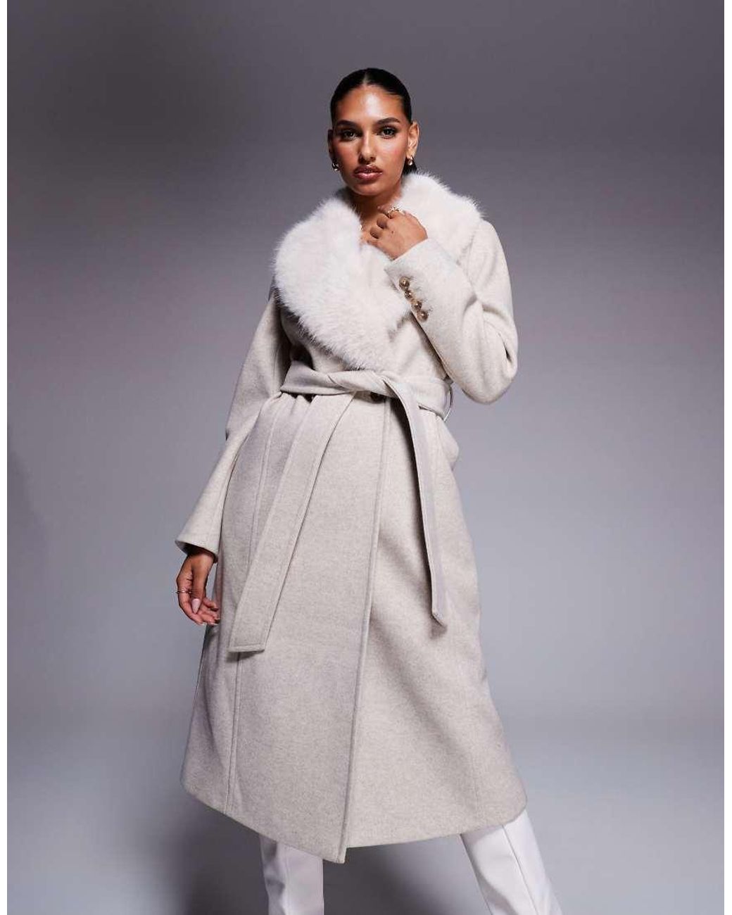 Forever New Natural Formal Belted Longline Detachable Faux Fur Shawl Collar Coat