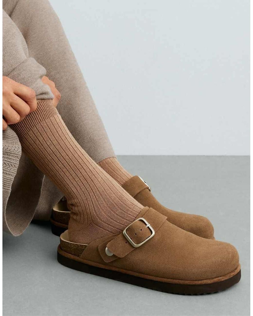 Oysho Brown Split-leather Buckled Mules