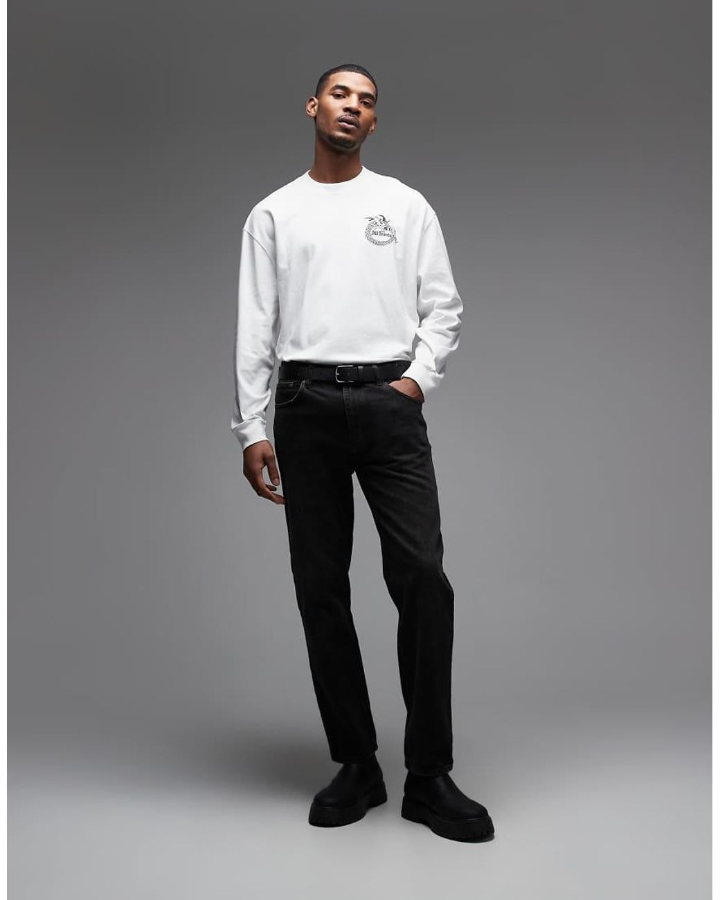 AllSaints Gray Terra Long Sleeve Graphic Logo T-shirt With Back Print for men