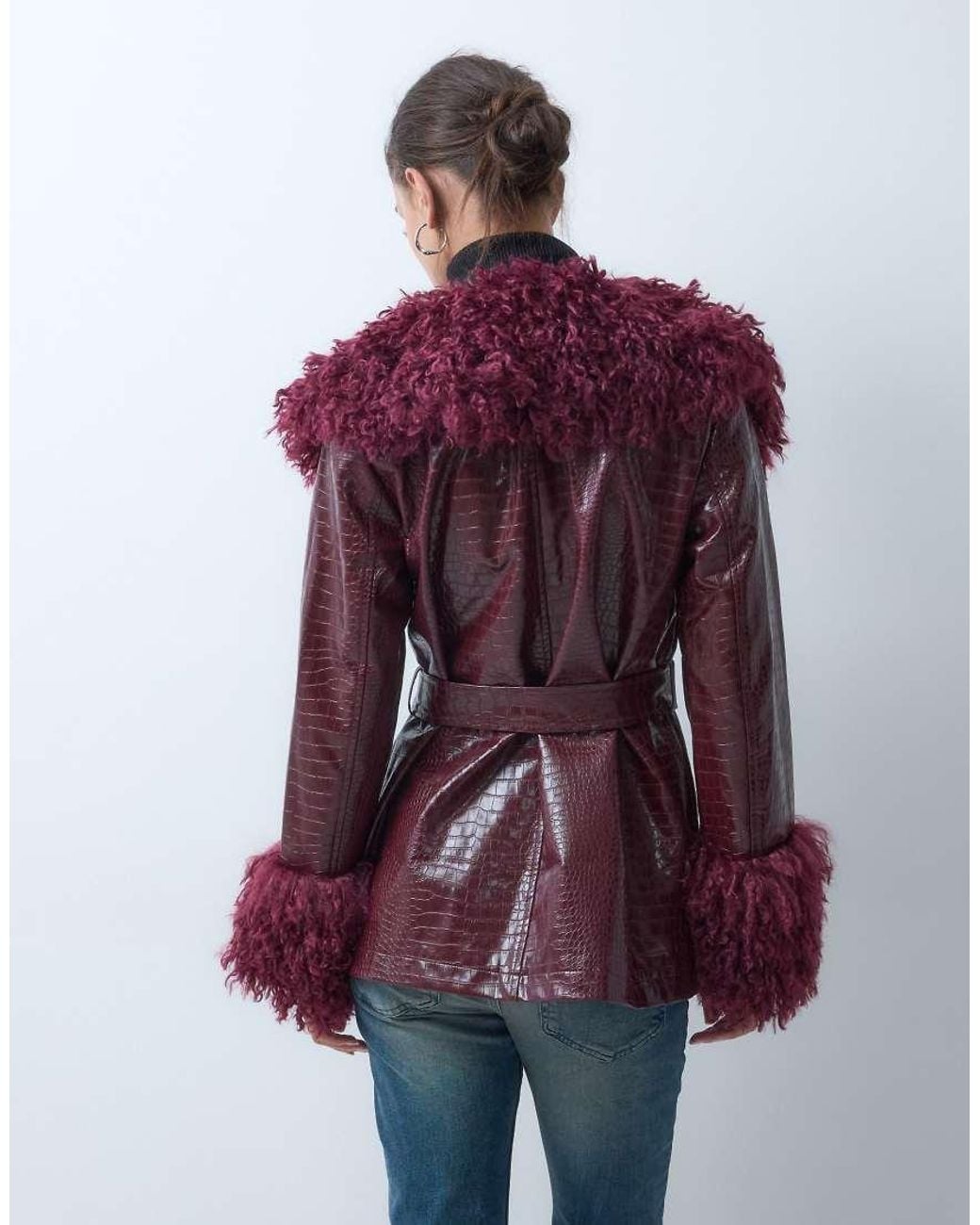 Reclaimed Vintage Multicolor Faux Croc Cropped Trench Coat With Faux Fur Collar