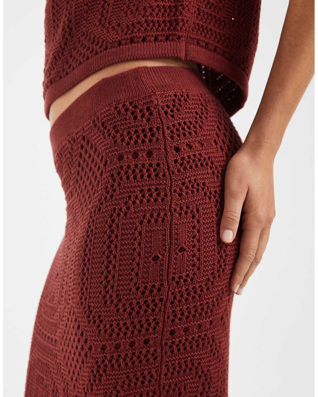 Aware Red Mid Rise Patterened Crochet Midi Skirt Co-ord