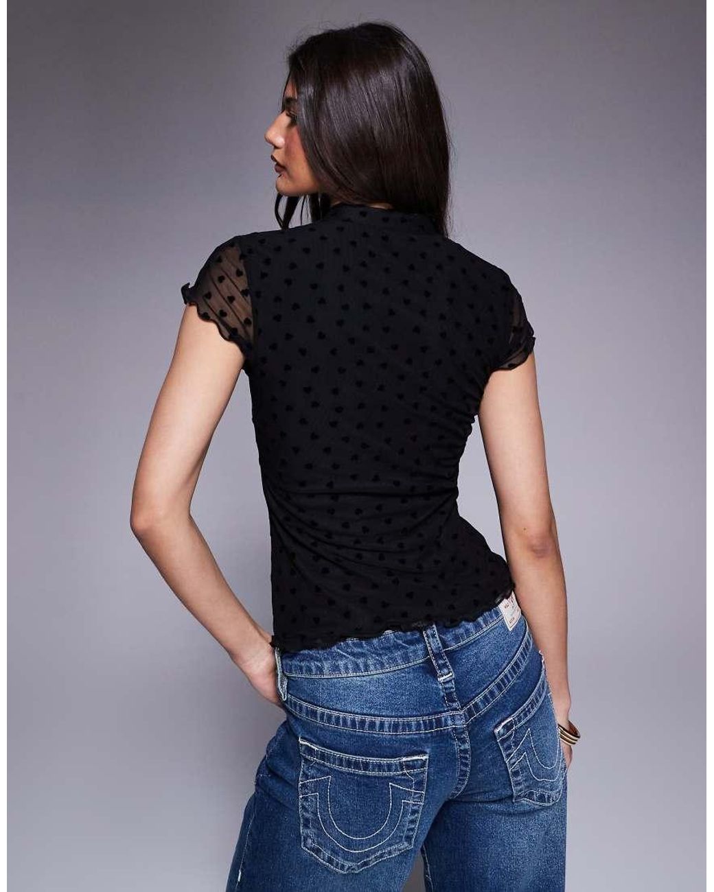 ASOS Black Cap Sleeve Heart Flock Top
