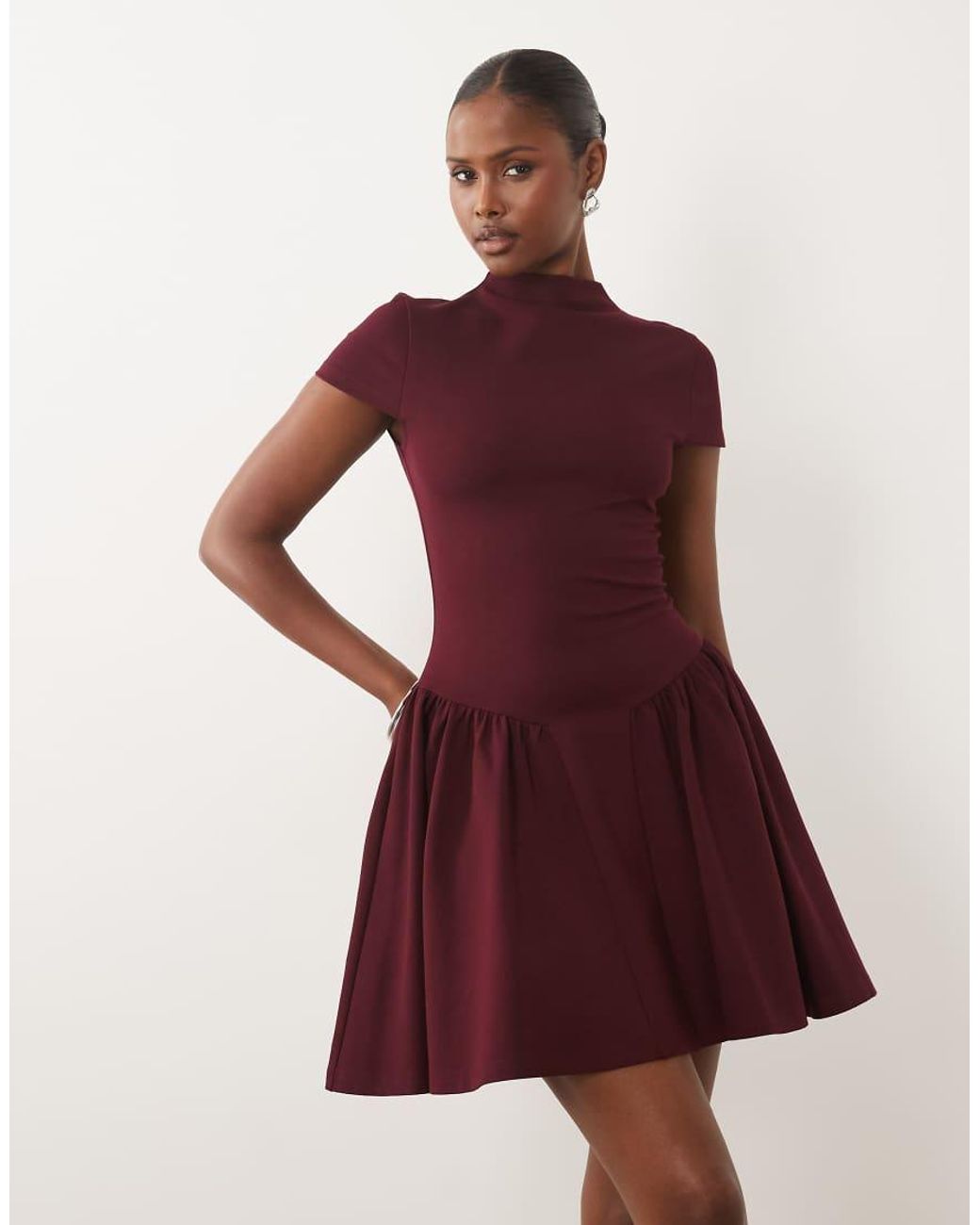 Kaiia Red Exclusive High Neck Short Sleeve Fit And Flare Basque Dropped Waist Detail Mini Dress
