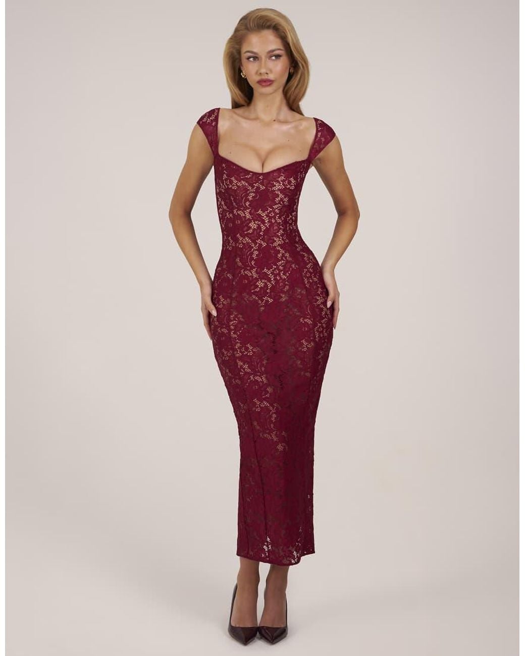 Oh Polly Red Lace Sweetheart Neck Cap Sleeve Mesh Maxi Dress