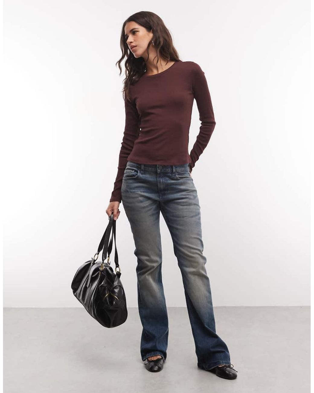 Monki Red Ribbed Long Sleeve Top