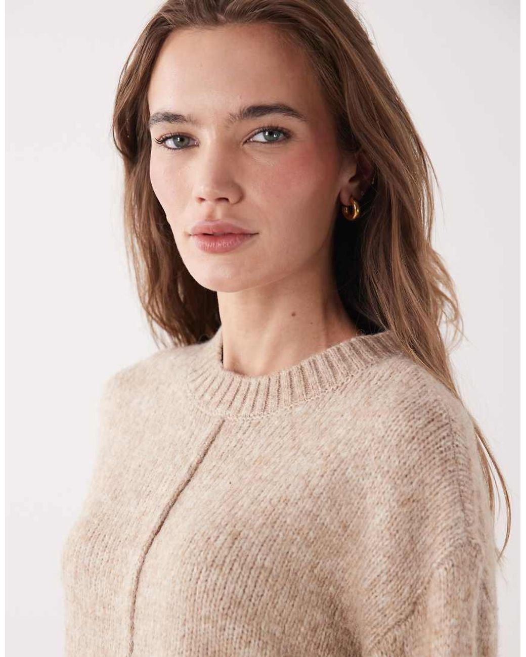 Jdy Natural Crew Neck Boxy Knitted Jumper With Seam Detail