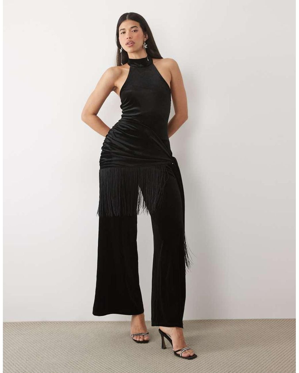 ASOS Black Halter Neck Velvet Jumpsuit With Fringe Wrap Detail