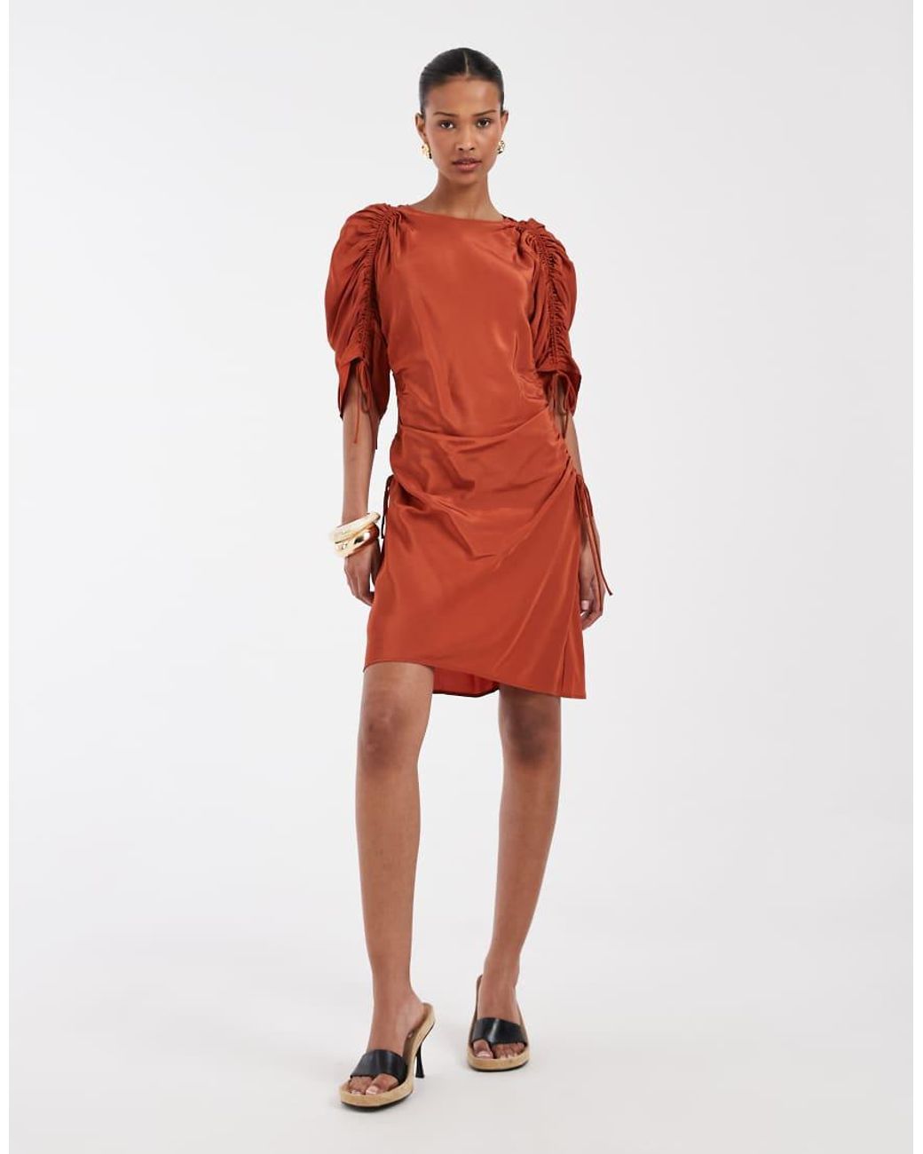 & Other Stories Red Ruched Volume Short Sleeve Mini Dress