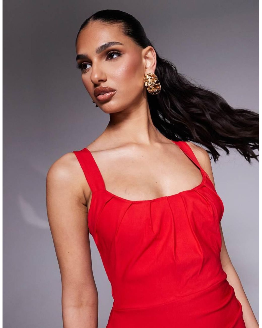 Vesper Red Square Neck Ruched Bust Bodycon Midi Dress