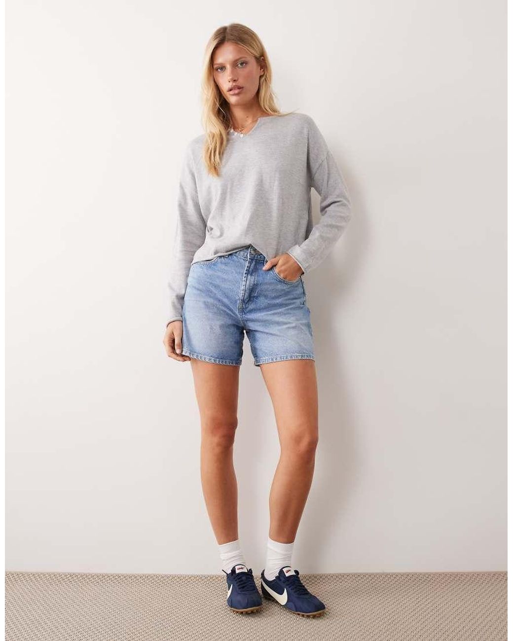 Mango Blue Teen V Neck Button Detail Long Sleeve Knitted Top