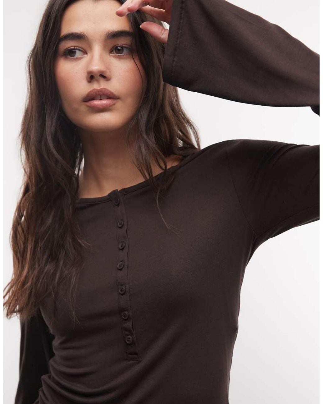 Monki Brown Long Sleeve Henley Top