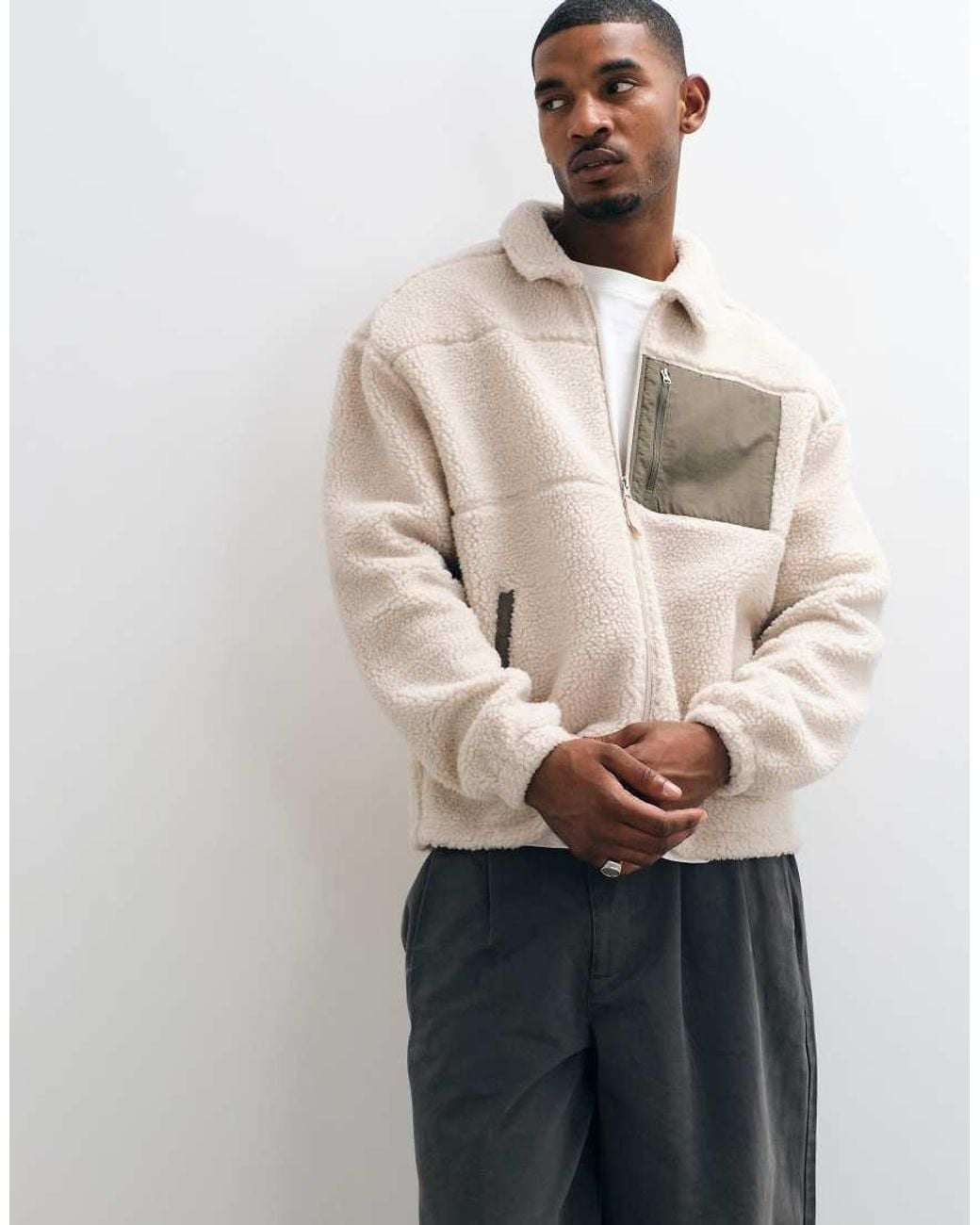ASOS Natural Relaxed Zip Through Borg Jacket With Cut And Sew Details for men