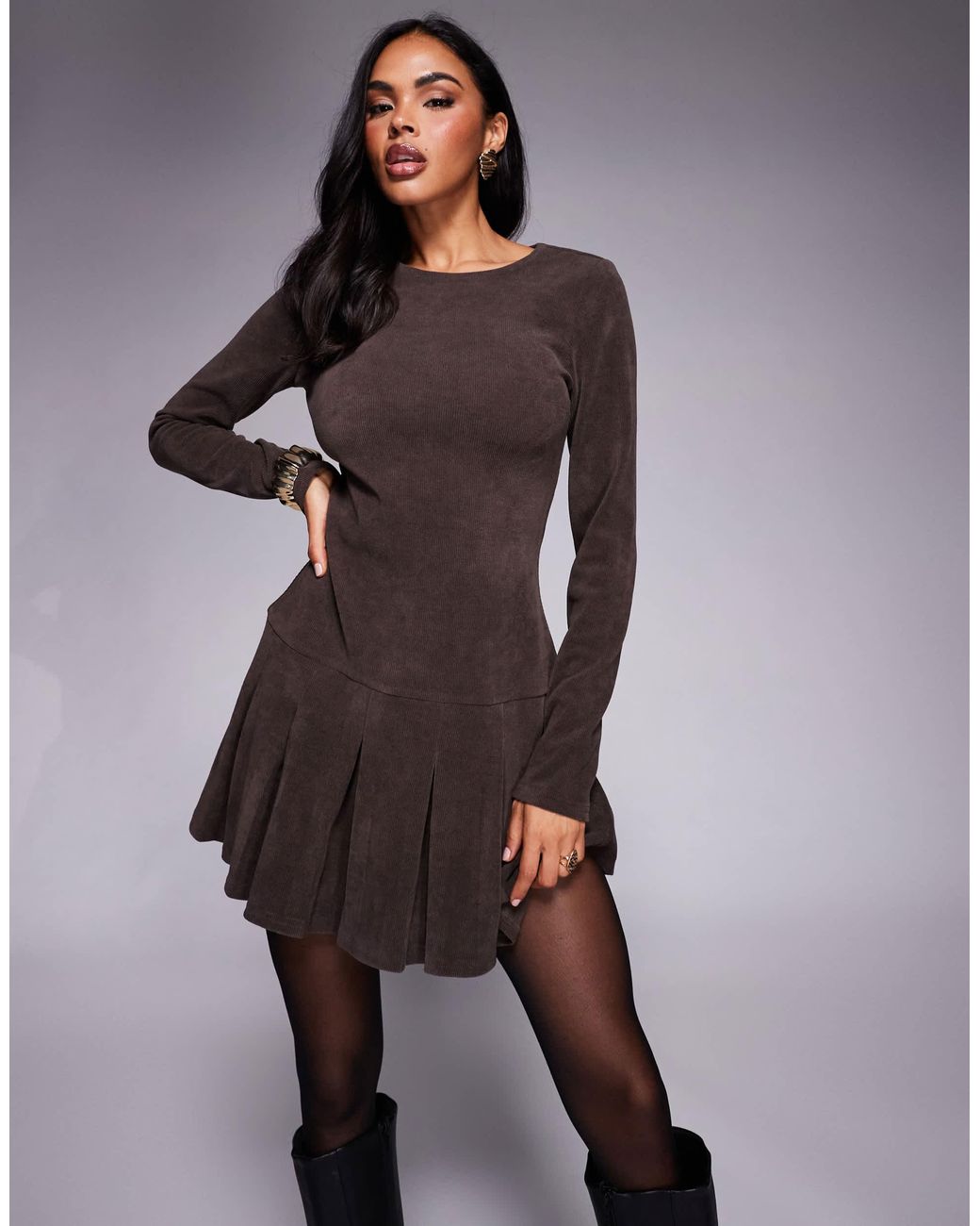 ASOS Cord Drop Waist Mini Dress With Pleated Skirt in Purple | Lyst