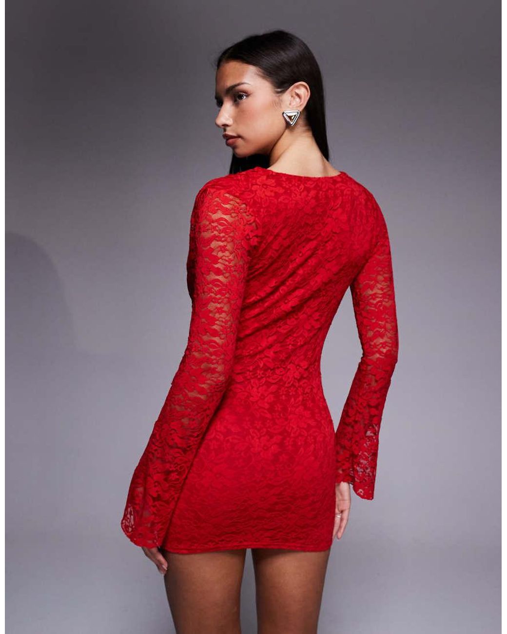 Kaiia Red Exclusive Lace Cowl Neck Flare Sleeve Bodycon Mini Dress