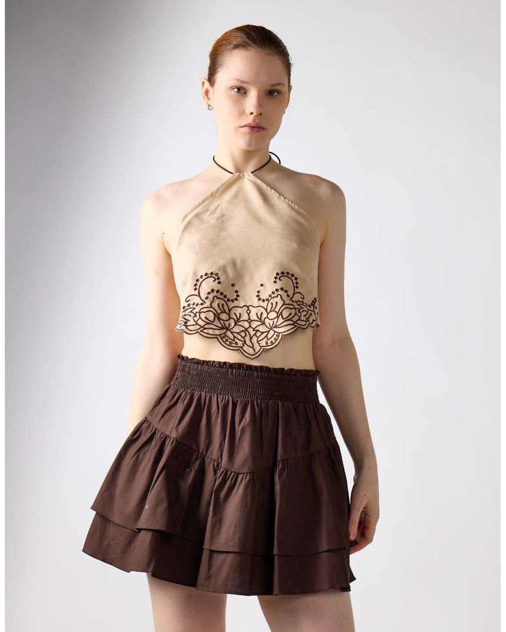Glamorous Multicolor Embroidered Halter Neck Handkerchief Top
