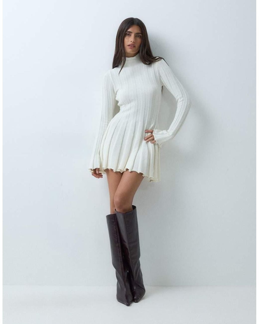 Aria Cove White Knitted High Neck Wide Rib Pleat Hem Mini Dress
