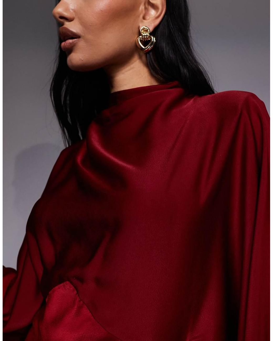 ASOS Red Funnel Neck Satin Maxi Dress With exaggerated Sleeves