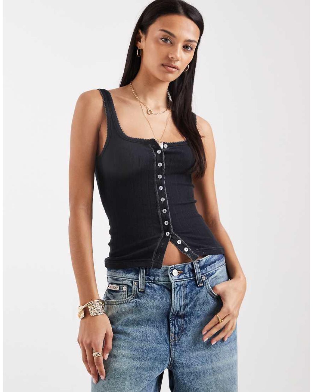 Free People Black End Game Pointelle Tank Top