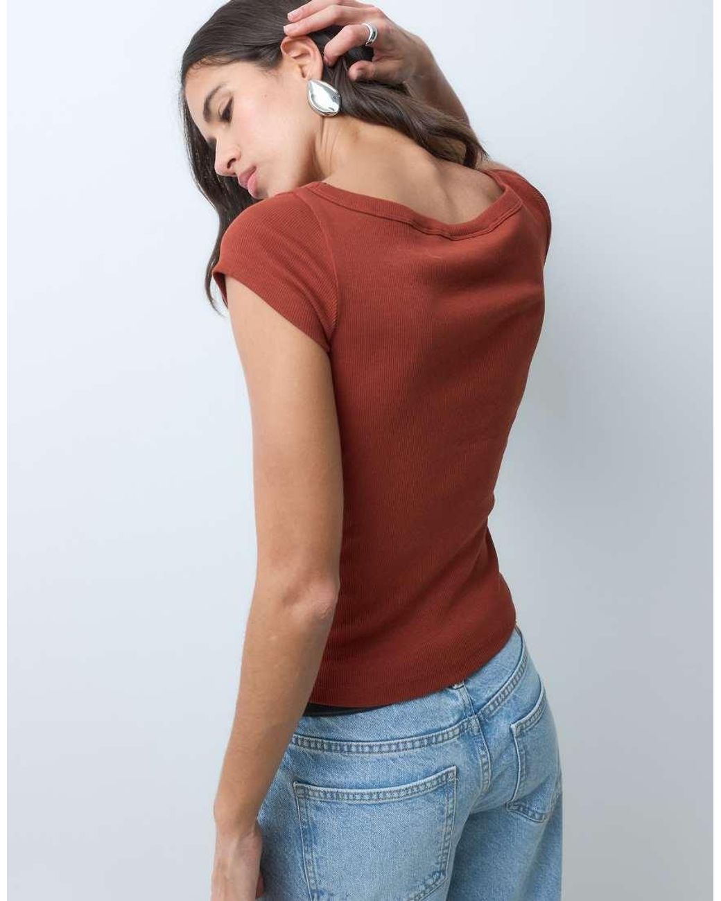 JJXX Orange Ribbed Boat Neck Tee