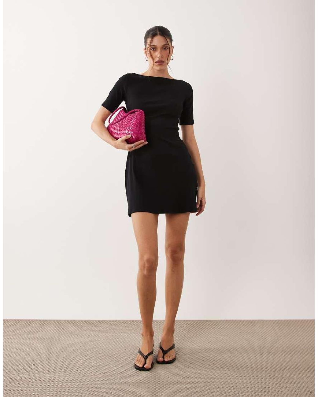 ASOS Black Rib Slash Neck Shoulder Seam Mini Dress