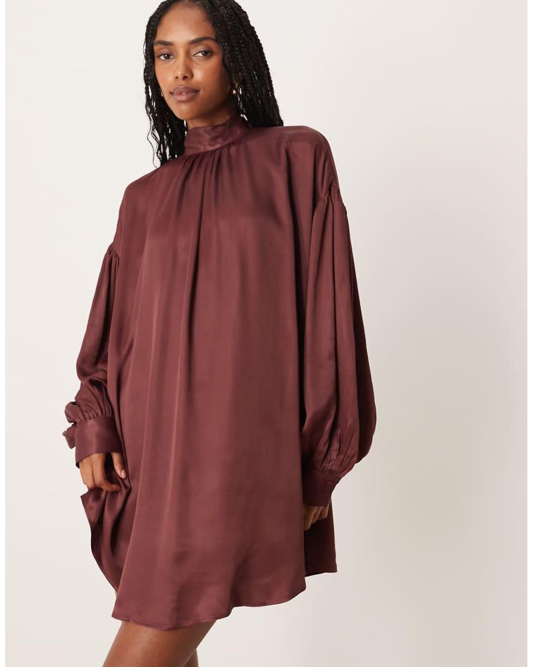 ASOS Red High Neck Blouson Sleeve Open Back Satin Slip Mini Dress
