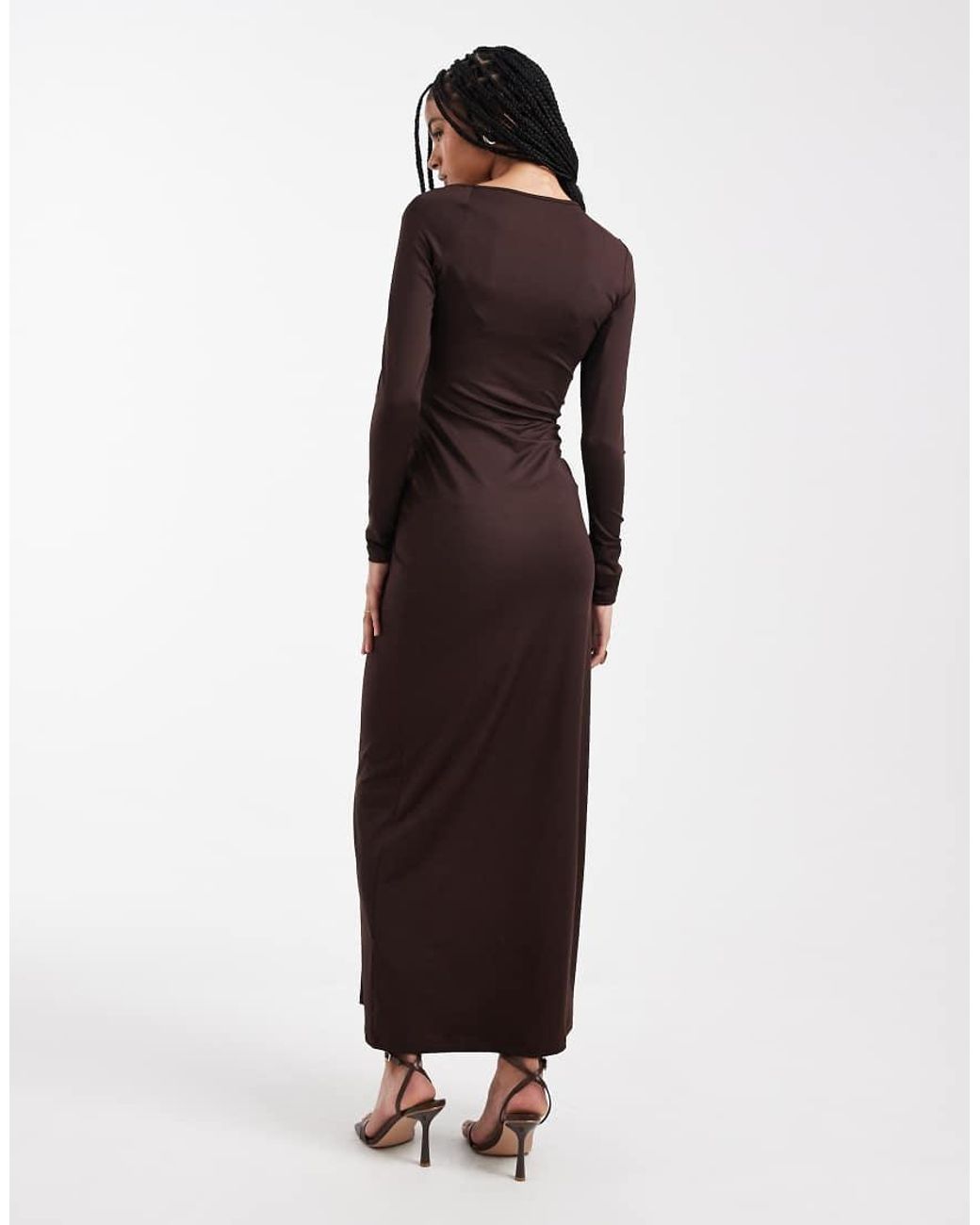 4th & Reckless Brown Double Layered Slinky Off-shoulder Metal Hardware Maxi Dress